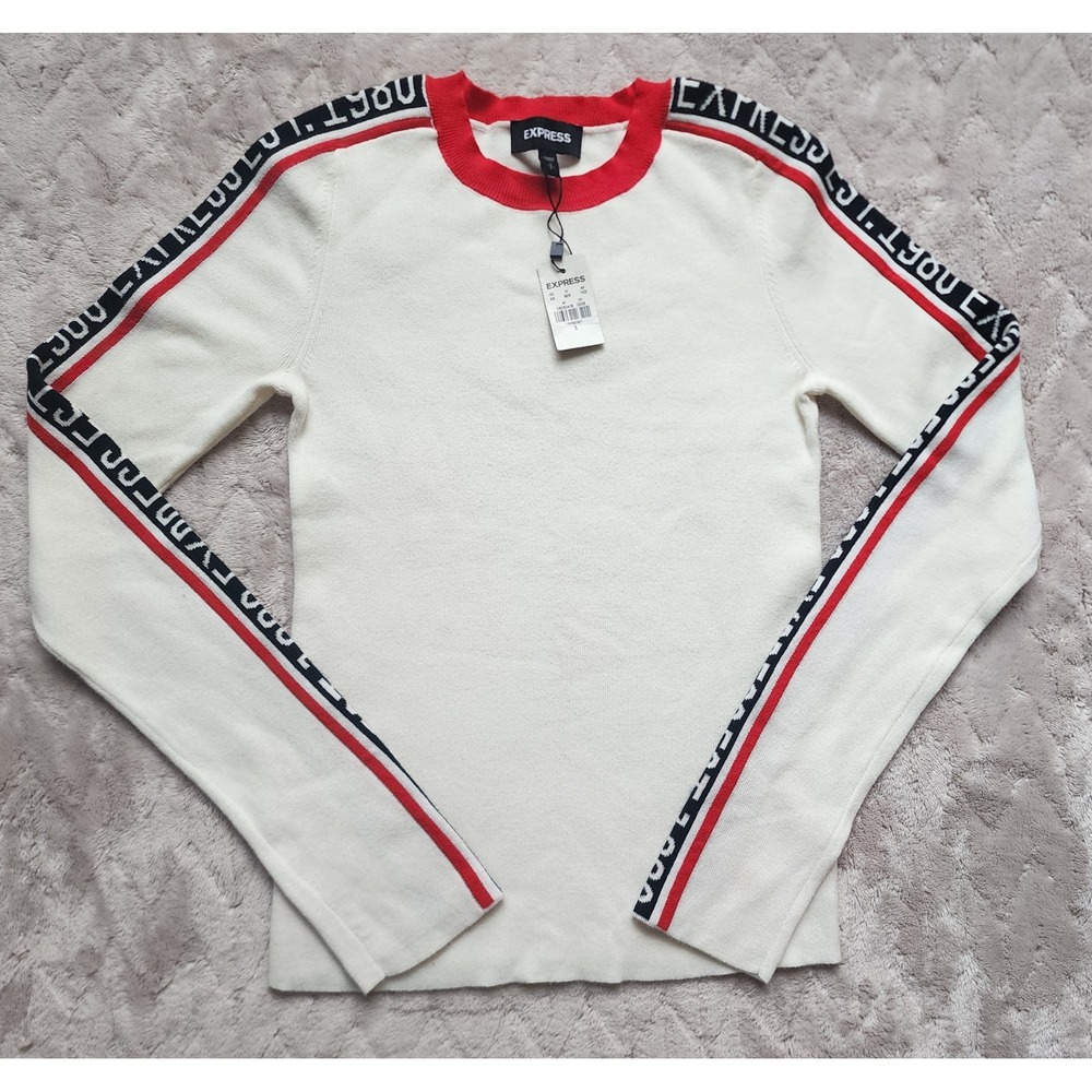 Express Vintage Y2K Logo Stripe Fitted‎ Sweater Womens Small White Red Pullover